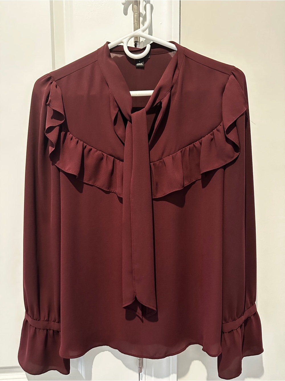 Ann Taylor Burgundy Ruffle Tie-Neck Blouse